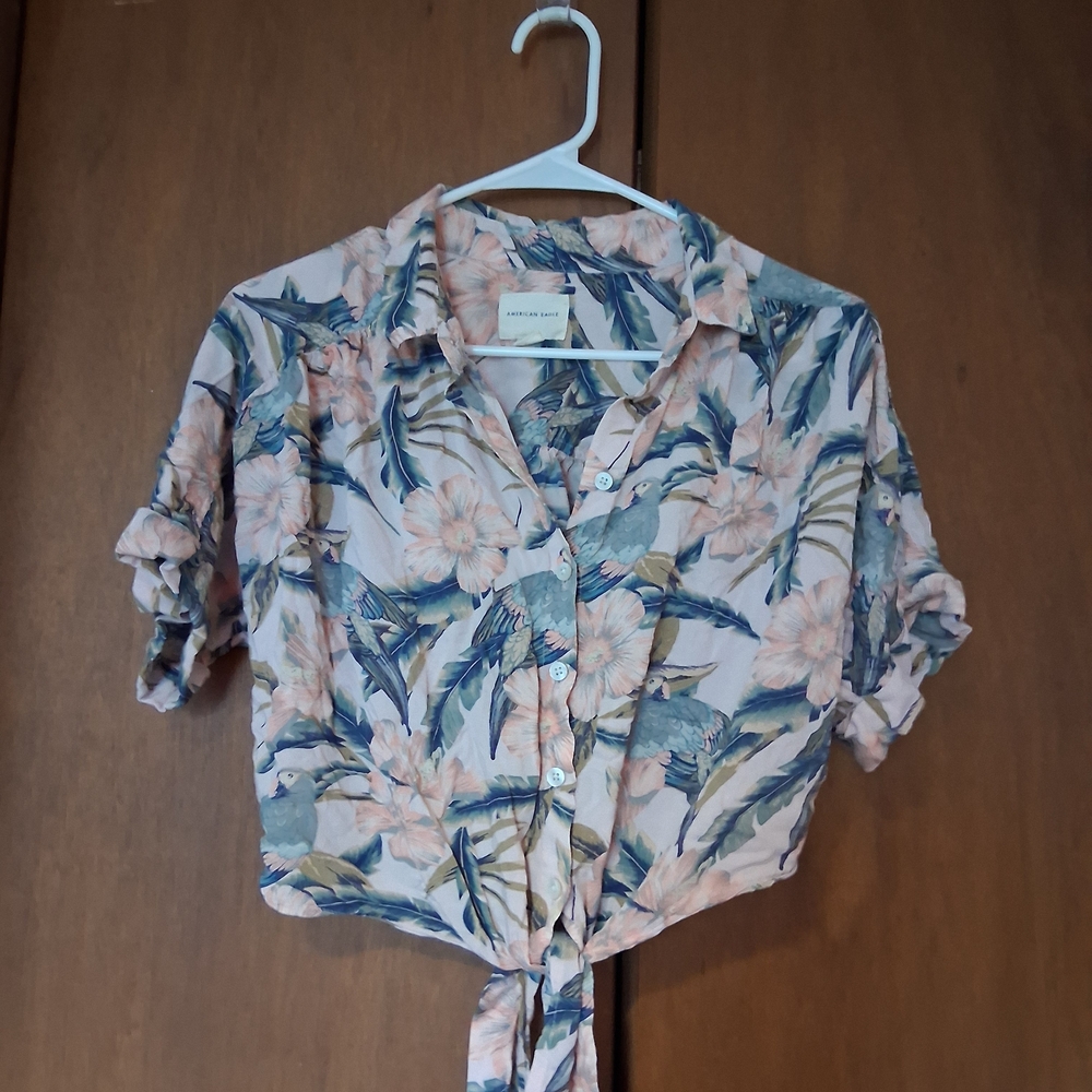 Amercan Eagle Blue and Pink Tropical Button-Down Shirt